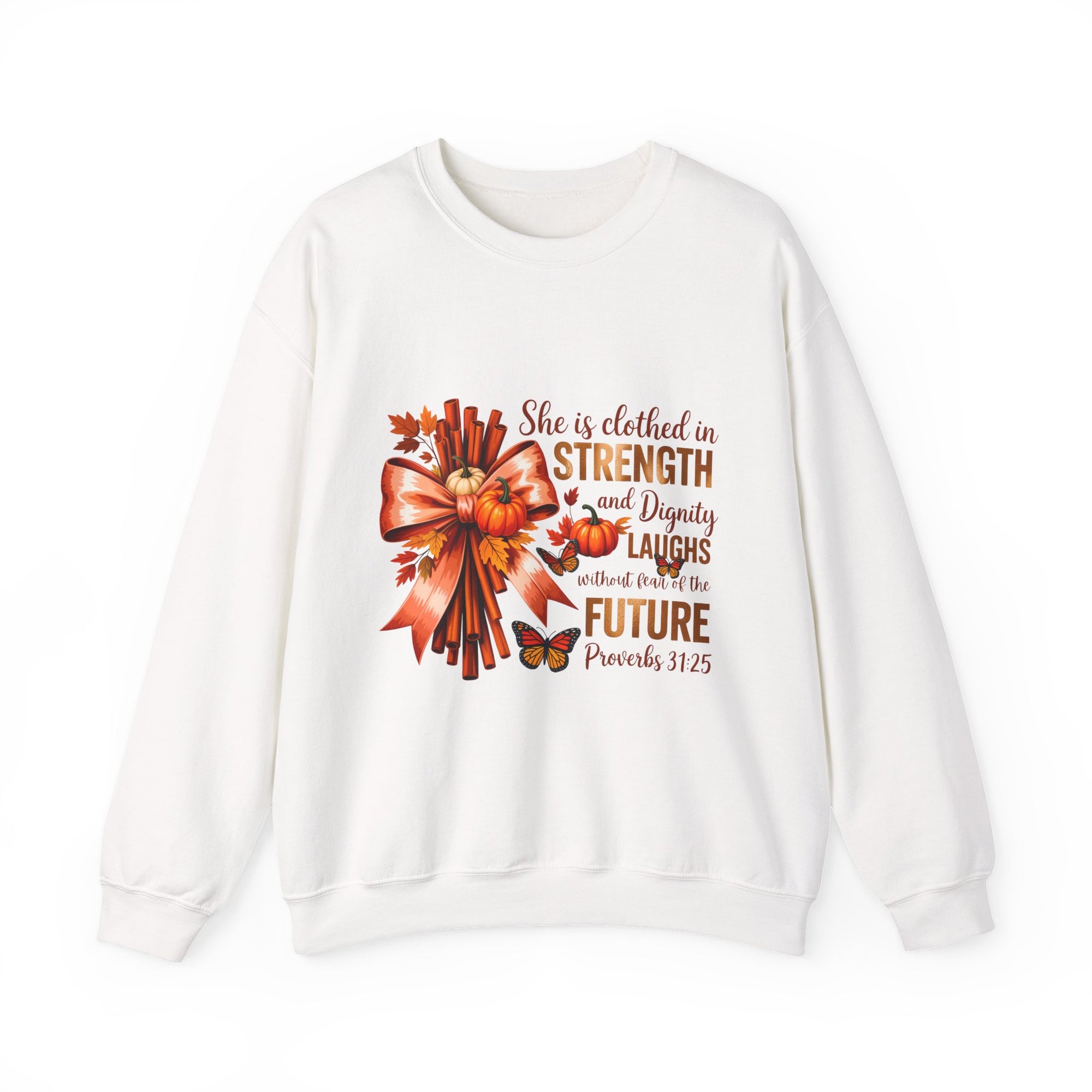 Inspirational Crewneck Sweatshirt for Women, Faith Apparel, Cozy Fall Sweater, Strength and Dignity Gift, Biblical Quote Sweater
