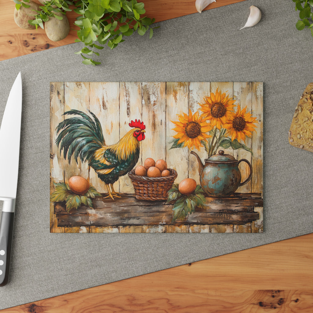 Rustic Kitchen Glass Cutting Board with Rooster & Sunflowers