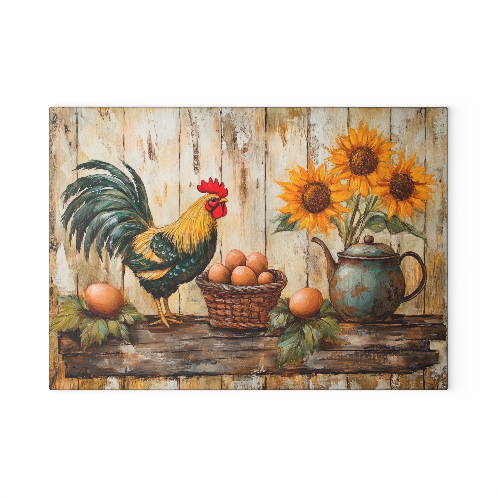 Rustic Kitchen Glass Cutting Board with Rooster & Sunflowers