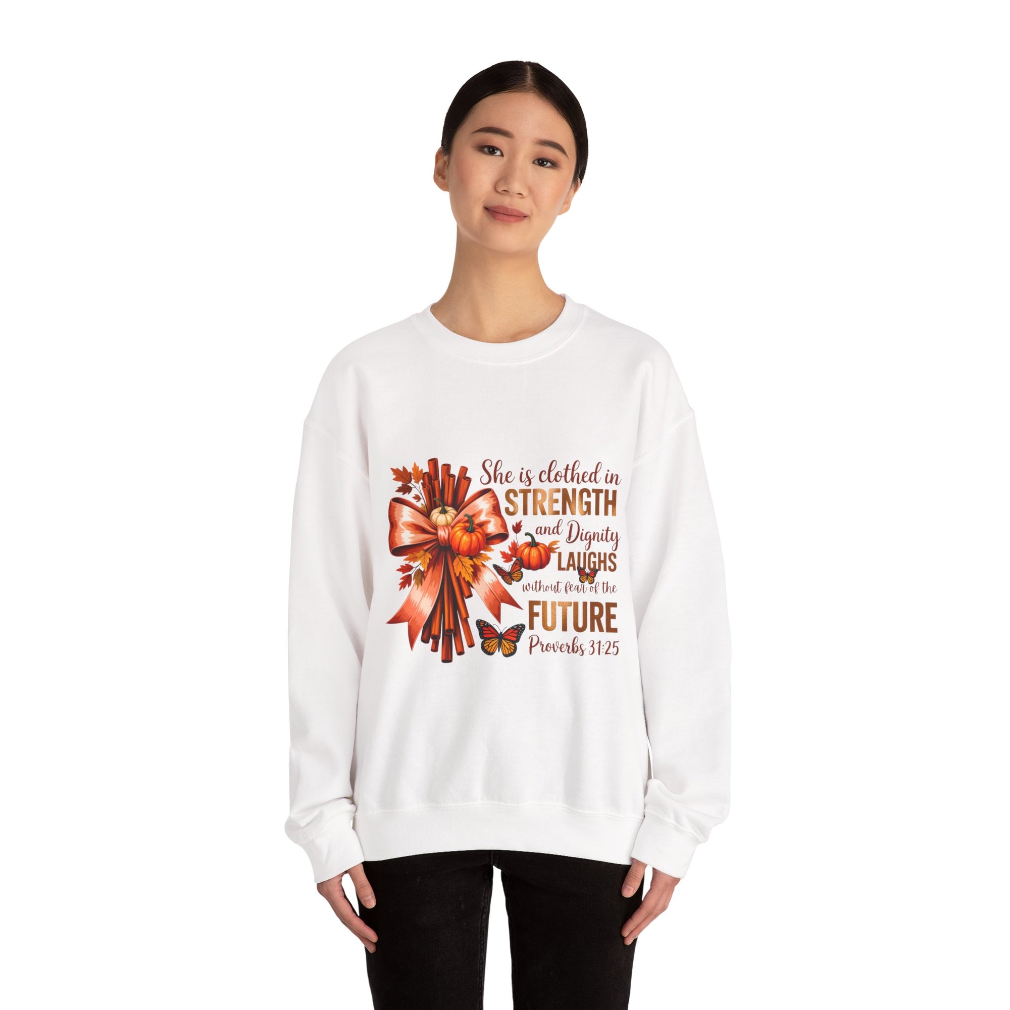 Inspirational Crewneck Sweatshirt for Women, Faith Apparel, Cozy Fall Sweater, Strength and Dignity Gift, Biblical Quote Sweater