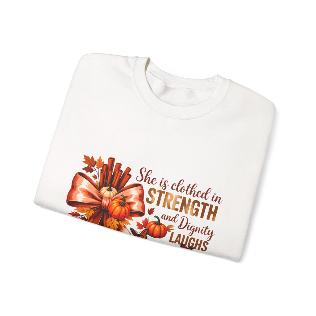 Inspirational Crewneck Sweatshirt for Women, Faith Apparel, Cozy Fall Sweater, Strength and Dignity Gift, Biblical Quote Sweater