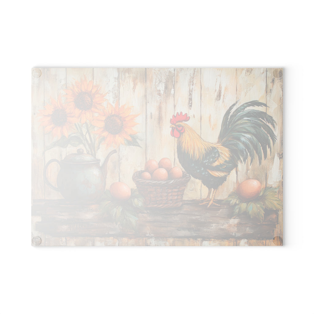 Rustic Kitchen Glass Cutting Board with Rooster & Sunflowers