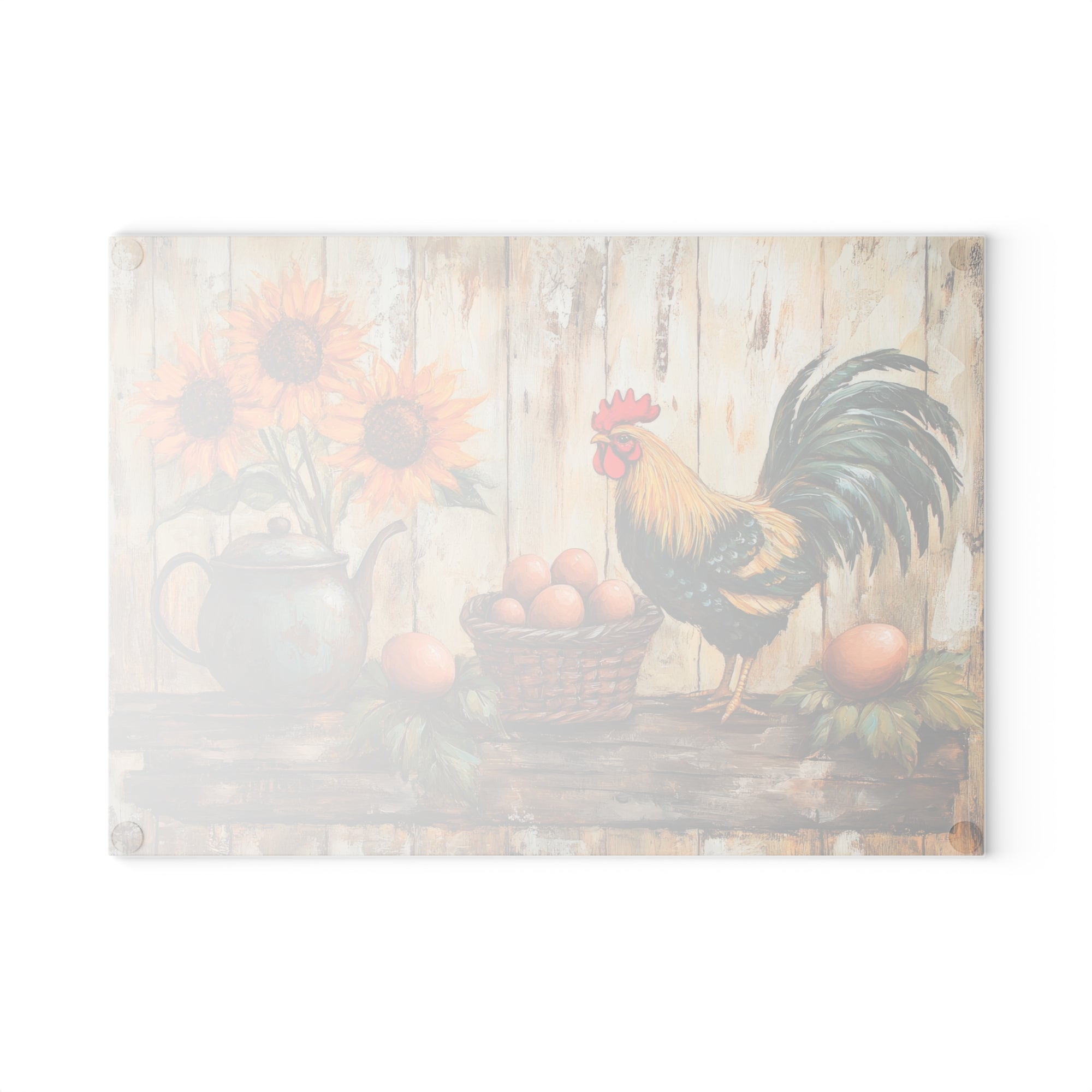 Rustic Kitchen Glass Cutting Board with Rooster & Sunflowers