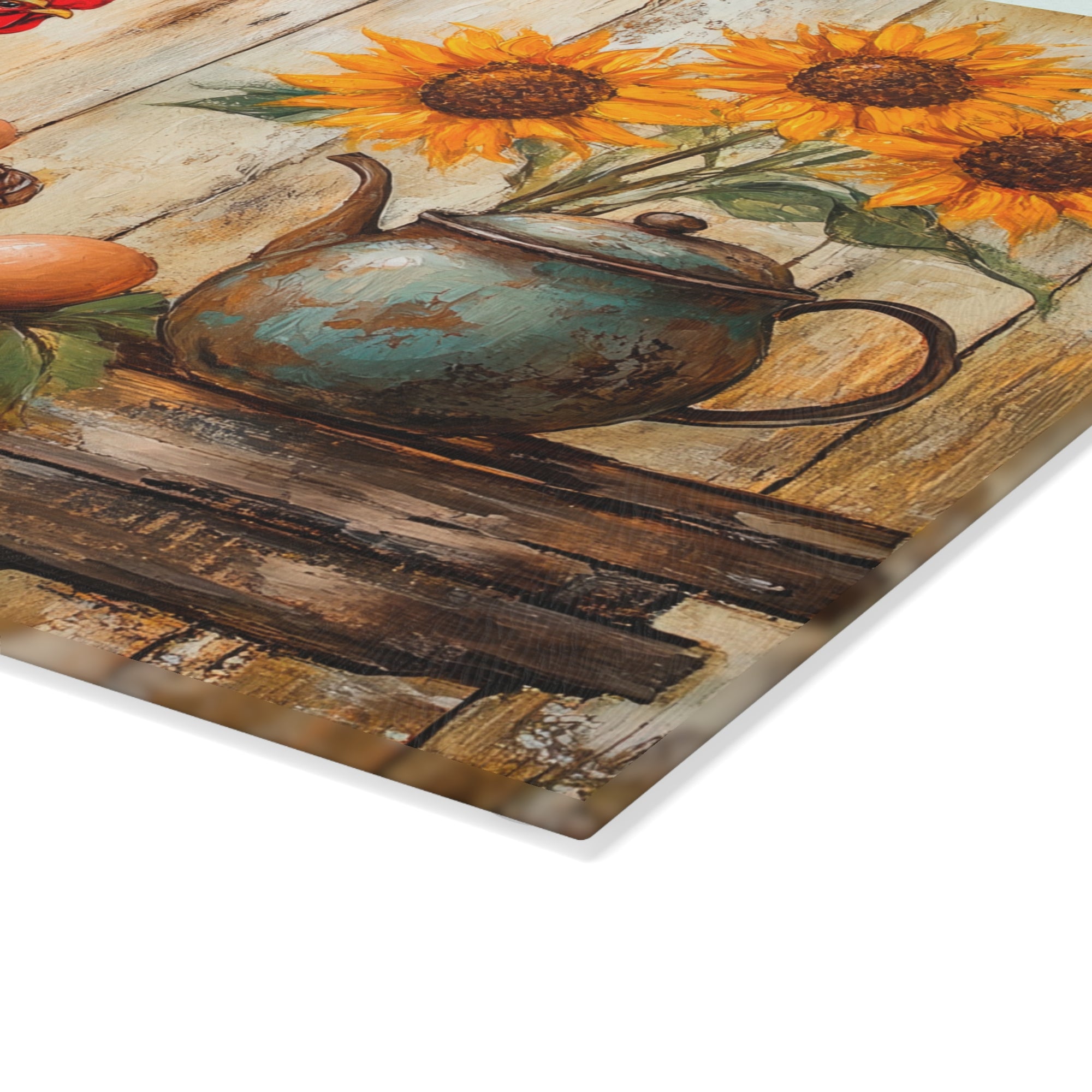 Rustic Kitchen Glass Cutting Board with Rooster & Sunflowers