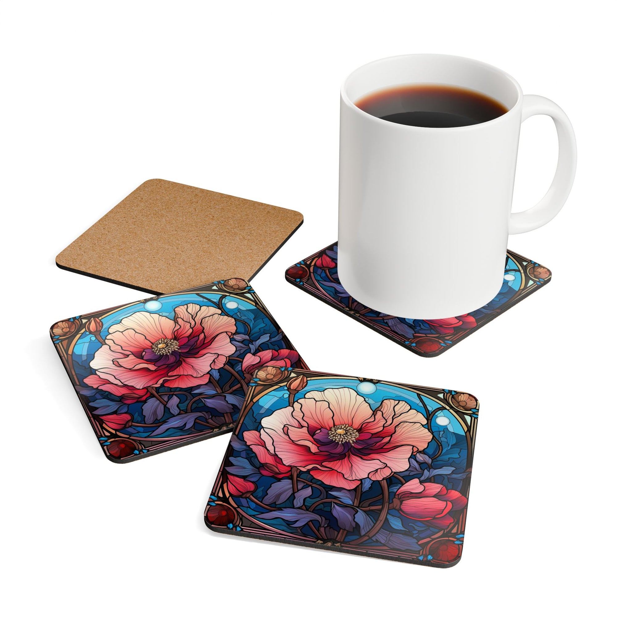 Stunning Floral Corkwood Coaster Set