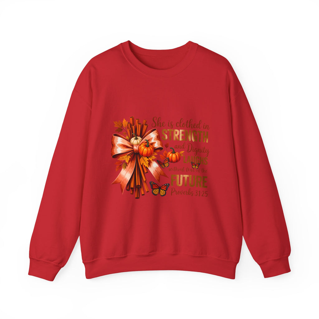 Inspirational Crewneck Sweatshirt for Women, Faith Apparel, Cozy Fall Sweater, Strength and Dignity Gift, Biblical Quote Sweater