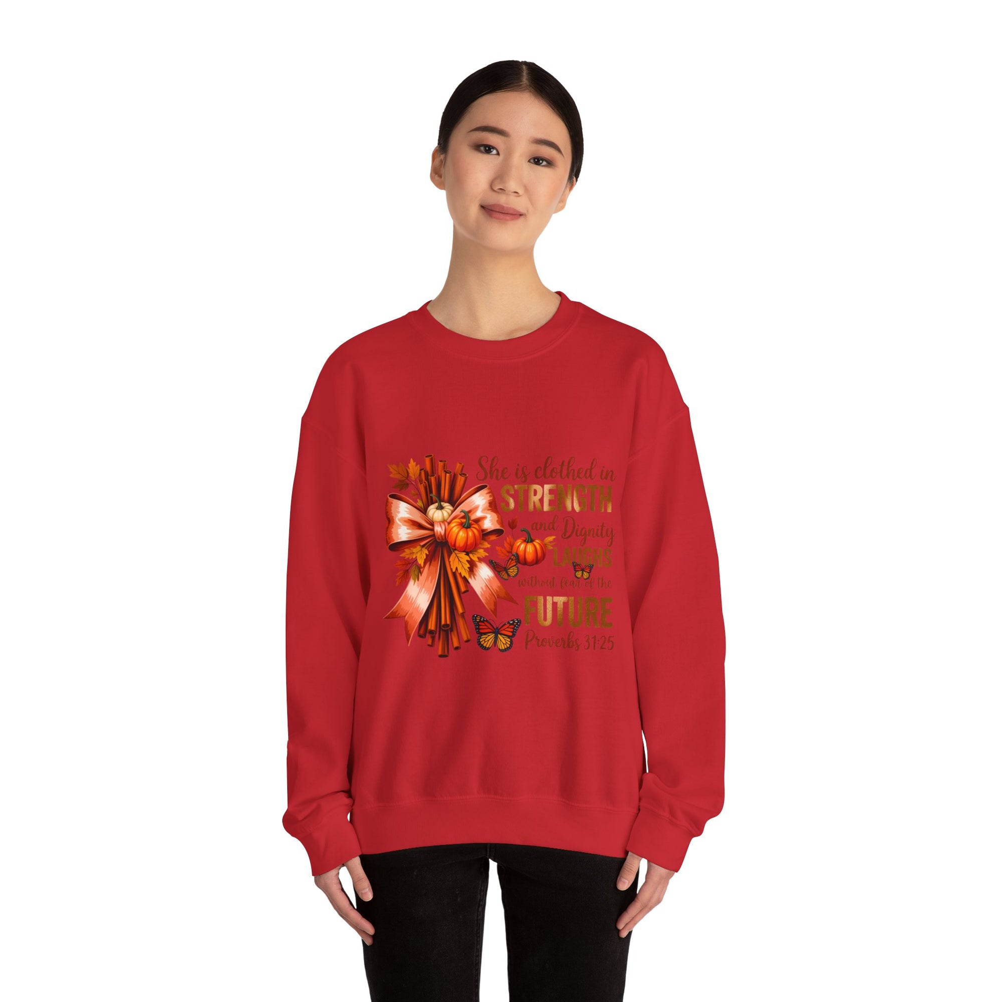 Inspirational Crewneck Sweatshirt for Women, Faith Apparel, Cozy Fall Sweater, Strength and Dignity Gift, Biblical Quote Sweater